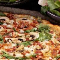Mrspinach · Popeye's favorite. Comes with mozzarella, roasted spinach, bacon, mushroom, and onion.