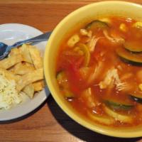 Tortilla Soup · 24 Oz portion natural broth, caramelized onion, squash, tomatoes, grilled corn, fresh chicke...