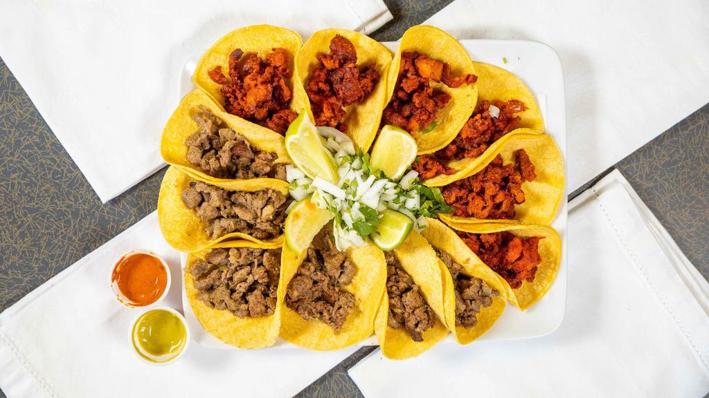12 Taco Special · Served with onion,cilantro,lime and 3 salsa (2 oz) on the side. Add extra salsa $0.39 each. Corn Tortilla only.