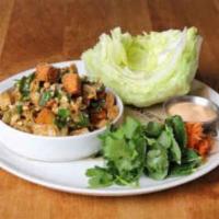Vegan Tofu Lettuce Wraps · Crispy tofu, cashews, ginger, sesame, fresh vegetables, lettuce & spicy vegan mayo