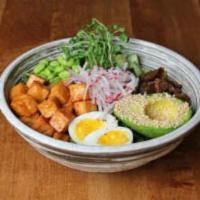 Vegetarian Power Bowl · Marinated tofu, shiitake mushrooms, soft boiled egg, fresh vegetables, crisp greens, caulifl...