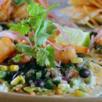 Blackened Shrimp Tacos · Cajun spiced shrimp, corn salsa, spicy aioli & pickled onions with fresh white corn chips + ...