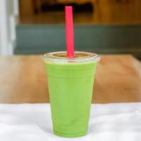 Green Moringa Smoothie · Green moringa, ginger, spinach, banana, pineapple, and hemp milk.