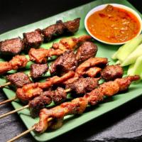 Chicken & Beef Satay (6 Skewers) · Sewer and skewered chicken chunks, beef, served with peanut sauce.