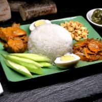 Nasi Lemak Rice · Fragrant rice cooked in coconut milk served with Sambal Ikan Bilis, curry chicken & peanut, ...