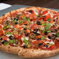 Supreme (Medium) · Pepperoni, Canadian bacon, sausage, mushrooms, black olives, green olives, green peppers, re...