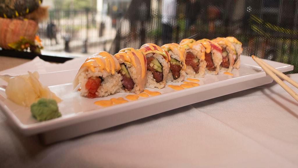 Hot Rainbow Roll · Spicy tuna, cucumber or  five pieces of fish on top.