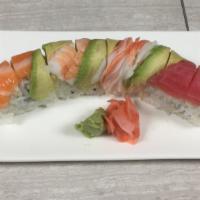 Rainbow Roll · In side: cucumber, avocado, crab, masago, sesame seed. On top: salmon, tuna, red snapper, sh...