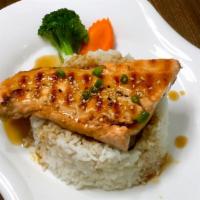 Salmon Teriyaki · Grilled salmon with teriyaki sauce and vegetable.