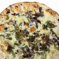 16'' Philly Cheese · White Cheese Sauce, Mozzarella, Philly Steak, Green Bell Peppers, Mushrooms, Onions