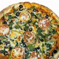 16'' Veggie · Tomato Sauce,Spinach, Green Peppers,Onions, Mushrooms, Black Olives, and Mozzarella Cheese