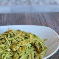 Pesto Pasta · Fresh Pesto made of Basil, Pine Nuts, and Olive Oil with Spaghetti Noodles