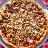 Bbq Chicken Pizza · Our BBQ chicken pizza is topped with Alfredo sauce, BBQ sauce, grilled chicken, jalapeños, o...