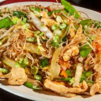 Pancit Bihon · Thin philippine style vermicelli noodles and vegetables. Choice of chicken, pork, or shrimp.