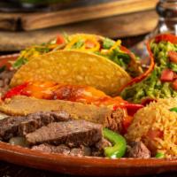 Deluxe Mexican Dinner · Famous Fajitas, Cheese Enchilada, Crispy Beef Taco, Tamal, Guacamole, Spanish Rice and Refri...