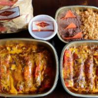 Tex-Mex Classic Package #2 (Serves 4-5) · A dozen of Enchiladas de Queso, family side of refried beans, spanish rice, chips y salsa, c...