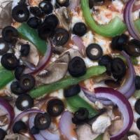 9 Veggie Supreme · Marinara, mozzarella, bell peppers, onions, black olives, mushrooms.