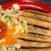 6-Flautas With Salad · 6-Flautas served with lettuce, tomato, grated Carrots. and sour cream, tomato sauce, guacamo...