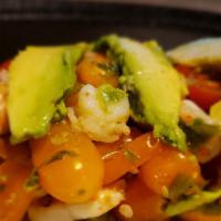 Ceviche · Shrimp, avocado, jalapenos, heirloom grape tomatoes, green onion, cilantro and fresh lime ju...