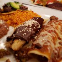 Chepe'S · Steak sopes, chicken enchilada with sour cream sauce and tomatillo sauce, and roasted poblan...