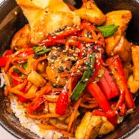 Mongolian Chicken · Stir fry chicken, carrots, red bell peppers, green onions, white rice, Mongolian sauce, crab...