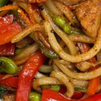 Chicken Teriyaki Noodles · Stir fry teriyaki noodles , carrots ,red bell peppers ,green onions ,fresh basil, soy beans ...