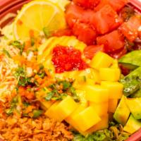 Hawaiian Tuna Poke Bowl · Sushi rice, fresh tuna, spicy crab, cucumber, avocado, green onions, fried onions,  cucumber...