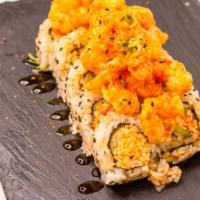 Shrimp Volcano Roll · Inside: spicy crab, avocado, cucumber. Top: shrimp tempura mix with spicy mayo, eel sauce, g...