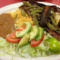 Carne Asada Pt · served with rice, beans, lettuce, tomato, avocado, cactus, grilled onions, and corn or flour...