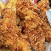 3 Fried Chicken Tenders & Fries · 3 battered fried chicken tenders and crinkle cut fries, served with ketchup, ranch or buffalo.