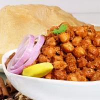 Chole Bhature   ( J )  ( S ) · Chick peas in Indian style with 2 pcs fried Indian puff bread.