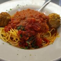 Spaghetti · First Option Free. Choice of meatball, meat sauce, sausage, mushroom sauce or olive oil and ...