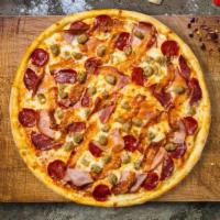 Nice To Meat You Pizza · Pepperoni, Canadian bacon, sausage, and cheese pizza baked in a stone oven