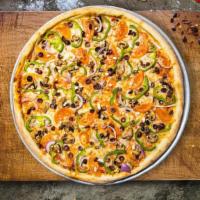 Veggie Vagabond Pizza · Pizza sauce, mozzarella cheese, spinach, green and red pepper, black olive and cheese baked ...