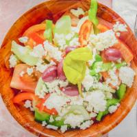Greek Salad · Greek village salad tomato cucumber bell pepper onions Greek olives feta cheese house salad ...