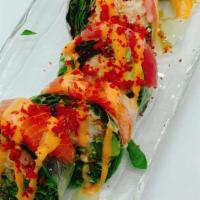 Sun Flower Roll · Shrimp Tempura, Crab Mix, Asparagus, Jalapeno, Avocado, Spring Mix, Rice Paper, Salmon, Tuna...