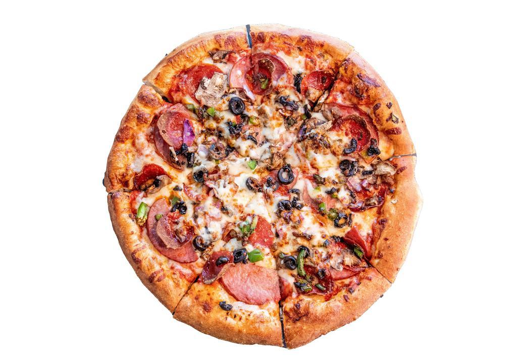 Supreme Lovers Pizza · Pepperoni, ham, beef, onions, green peppers, mushrooms, black olives and mozzarella.
