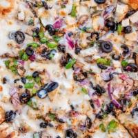 Chicken Alfredo Supreme Pizza · Alfredo sauce, diced chicken, green peppers, onions, mushrooms, black olives and mozzarella ...