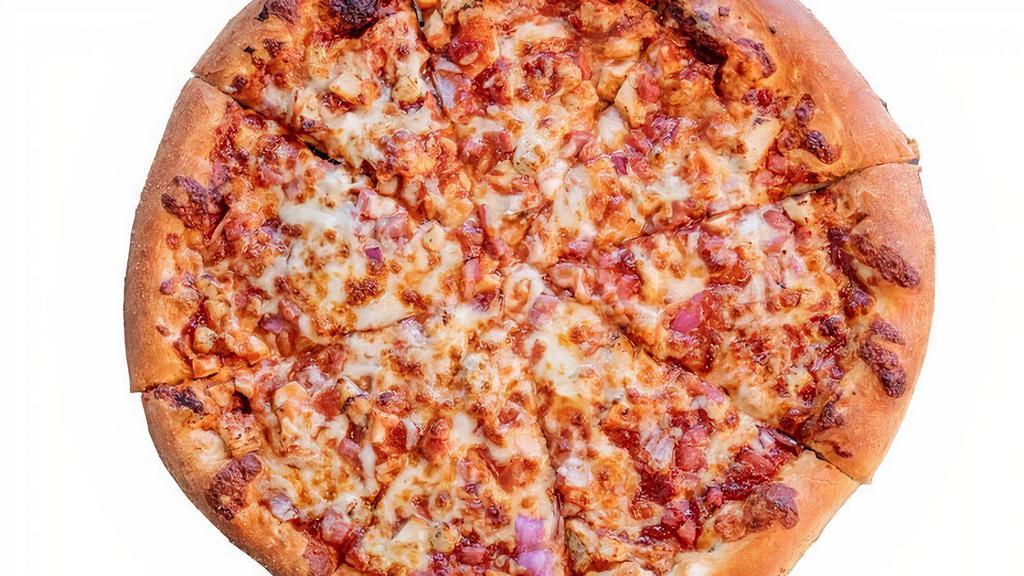 Bbq Chicken Pizza · BBQ sauce, diced Chicken, diced bacon, onions and mozzarella cheese.