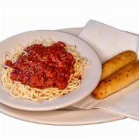 Spaghetti With Meat Sauce · Spaghetti noodles covered with our homemade meat sauce. A la carte served with 2