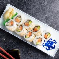 Flaming Salmon Roll · Eight pieces of spicy salmon and cucumber roll.