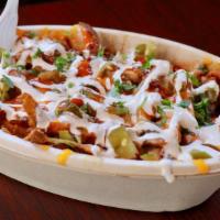 Loaded Cheese Fries · Large order of fresh-cut seasoned fries, southwest sauce, three cheeses, bacon, sour cream, ...