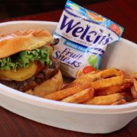 Kids Burger Meal · Comes with a Plain Beef Burger Slider, Fries, Fruitsnacks, and a Drink.