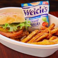 Kids Chicken Burger Meal · Comes with a Chicken Burger Slider, Fries, Fruitsnacks, and a Drink.