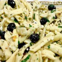 Pasta Salad · Fresh pasta mixed with baby spinach, oregano and feta cheese topped with black olives