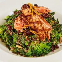 Salmon, Quinoa & Kale Salad · Spinach, broccoli, almonds, dried cranberries and orange zest with your choice of dressing. ...