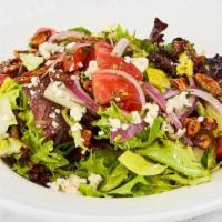 House Salad · Tomatoes, candied pecans, bleu cheese, red onion & spring mix with your choice of dressing. ...