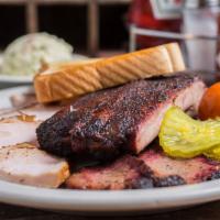 3 Meat Plate · Includes choice of two sides and Texas toast.