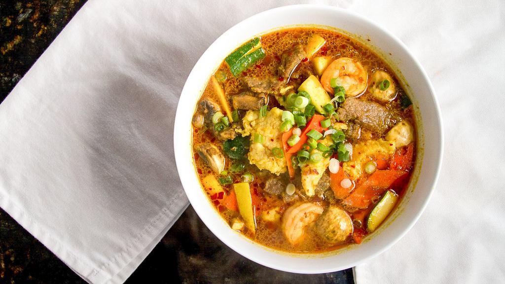 Curry Noodle Soup · Mild. Chicken, vegetables, steak, shrimp or combinations.