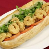 Shrimp Poboy · Garnish with pickle, lettuce, tomatoes, mayo. Garnish with pickled carrot, cucumber, jalapeñ...